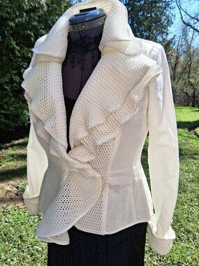 Elegant Ivory White Ruffled Mesh Gorgeous Unique Jacket Medium